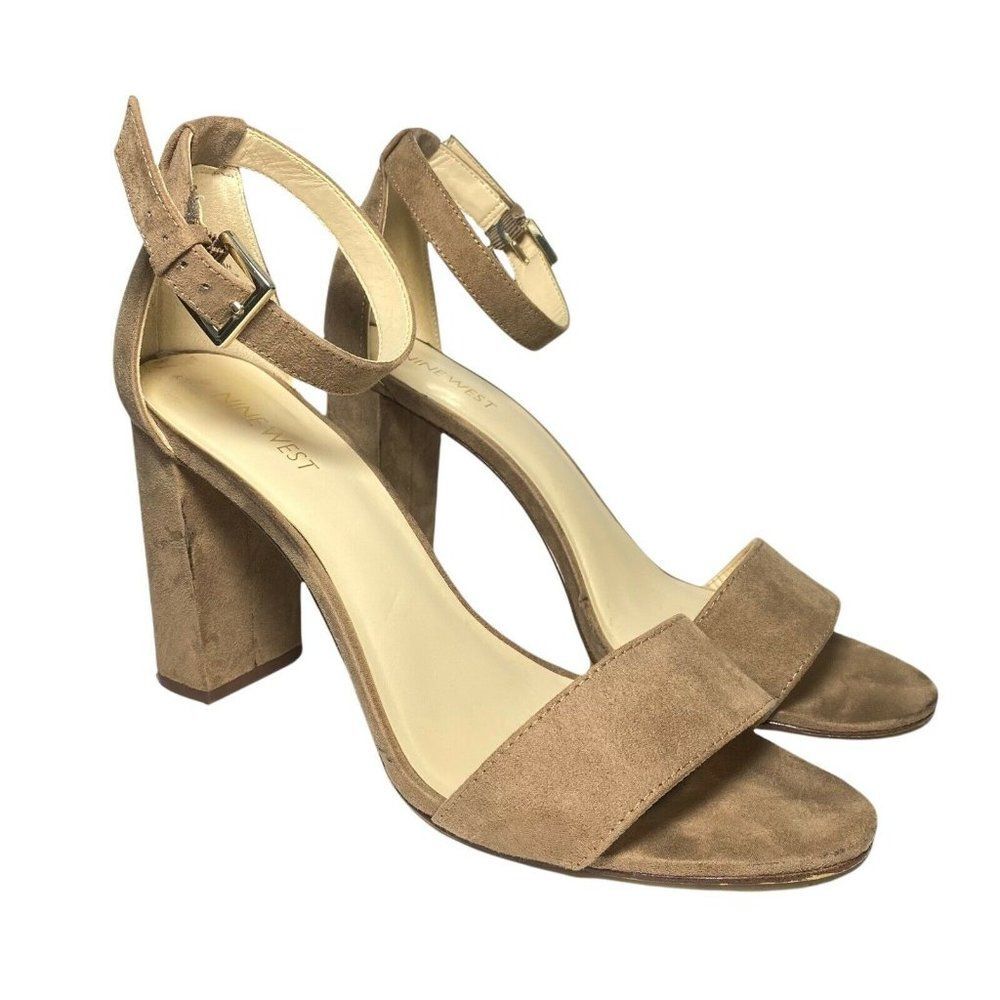 Nine West Abrah Faux Suede Tan Heel Open Toe Ankle Strap Sandals Size 9 M